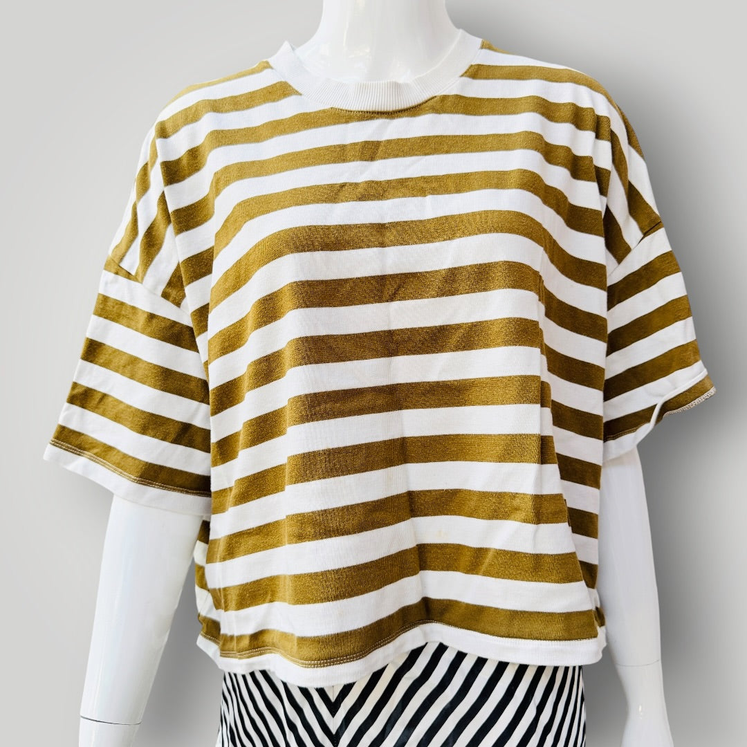 KOWTOW / olive and white striped cotton boxy tee / S (3927449911328337498)