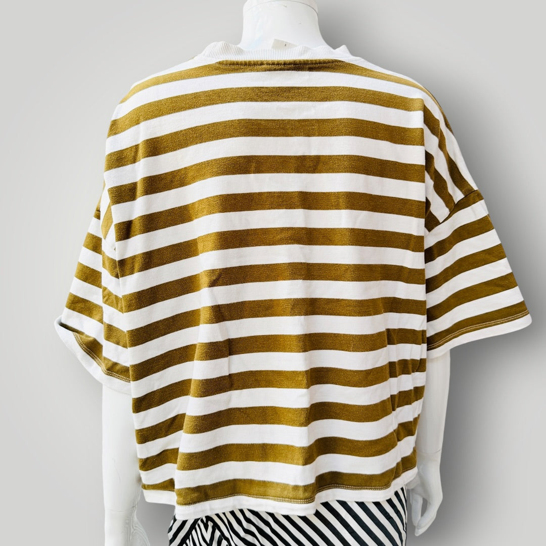 KOWTOW / olive and white striped cotton boxy tee / S (3927449913480191023)