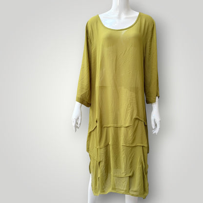 chartreuse green / tiered midi dress / M/L / made in nz (3927694107950683155)