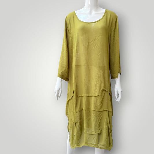 chartreuse green / tiered midi dress / M/L / made in nz (3927694107950683155)
