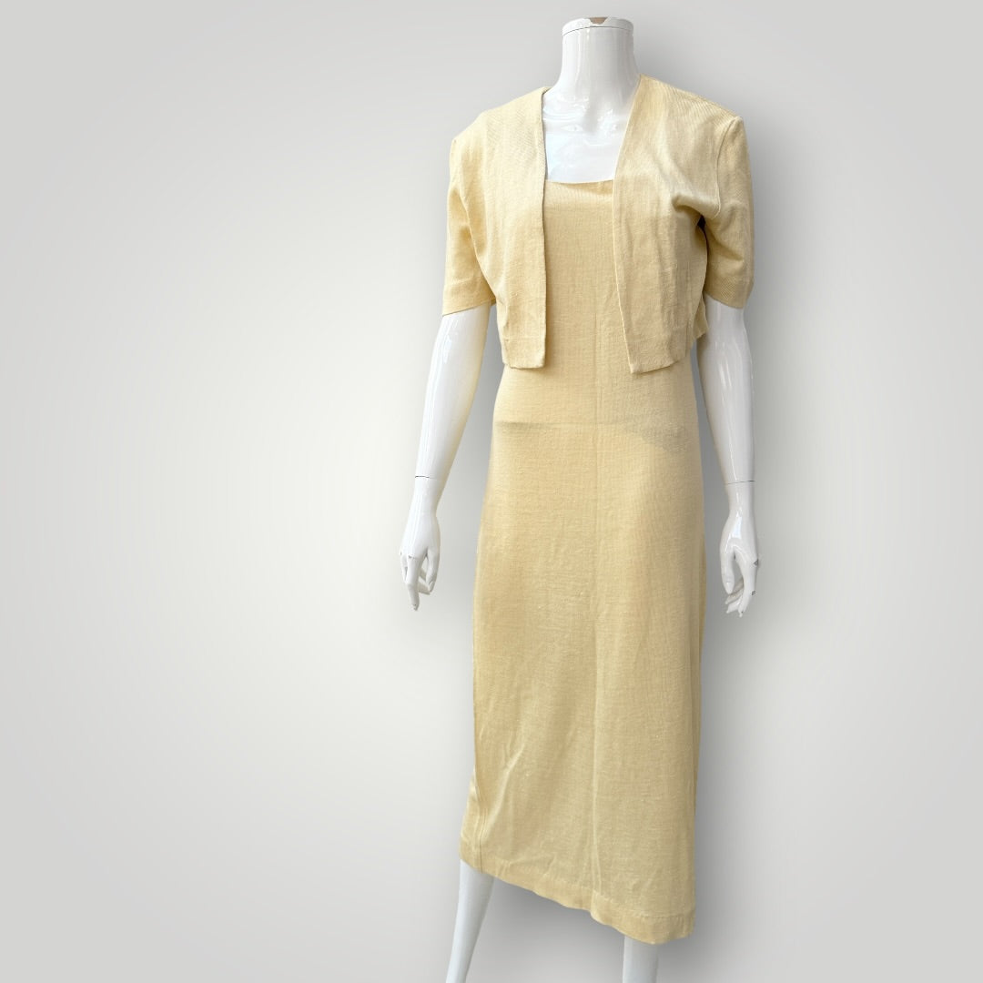1990s nz vintage / SILX DESIGNER LABEL / yellow knit midi dress & cardigan / 10 (3927694132247616819)