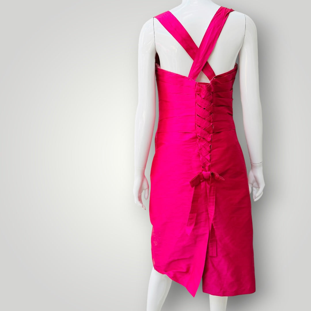 Y2k vintage / bright pink silk cocktail dress / s (3927694158413298200)