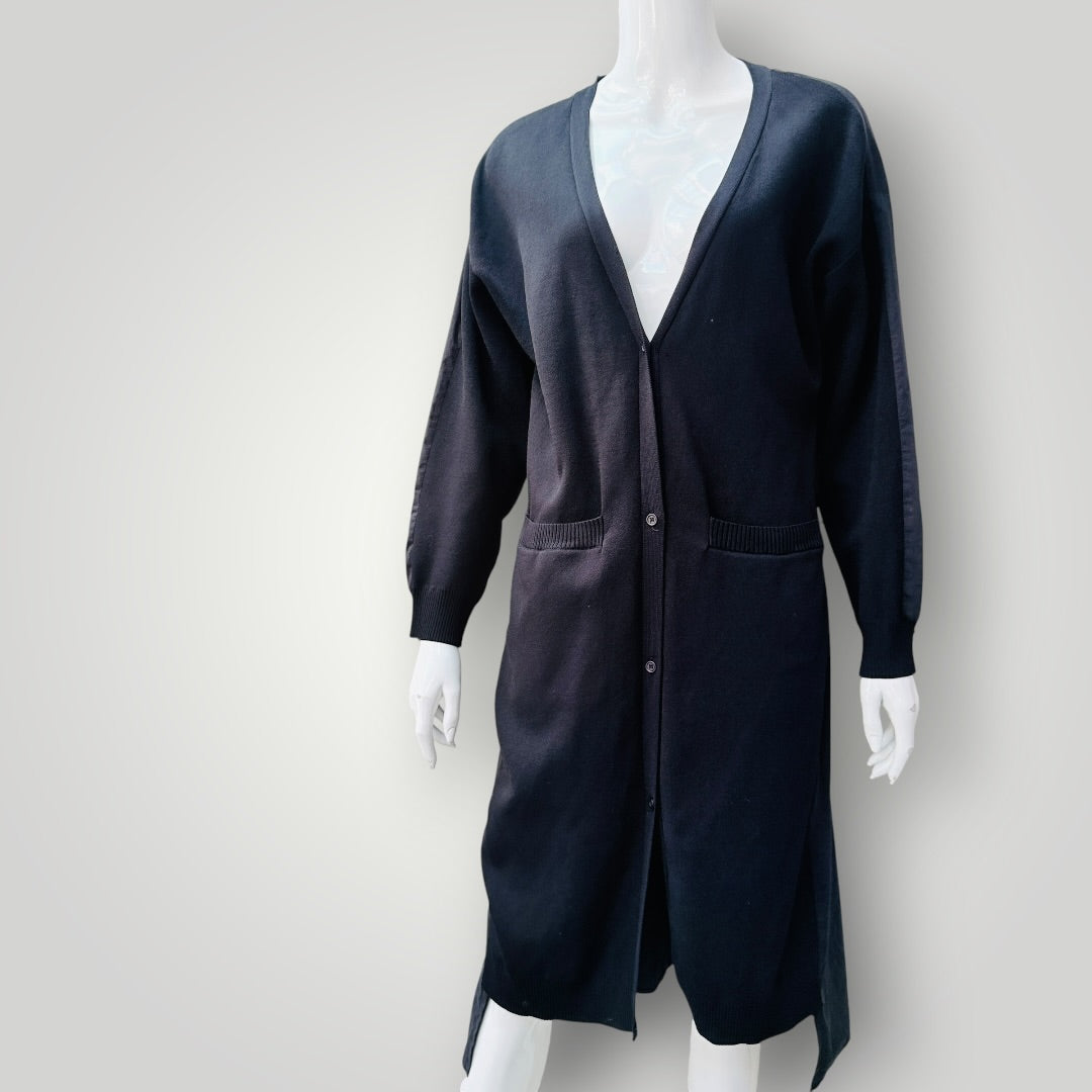 LOUIS JAIE / black longline button-front cardigan coat dress / m (3927694171284080133)