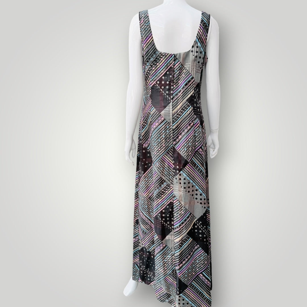 1970s nz vintage / SONEIL / geometric multi-pattern sleeveless maxi dress / s (3927694186692605046)