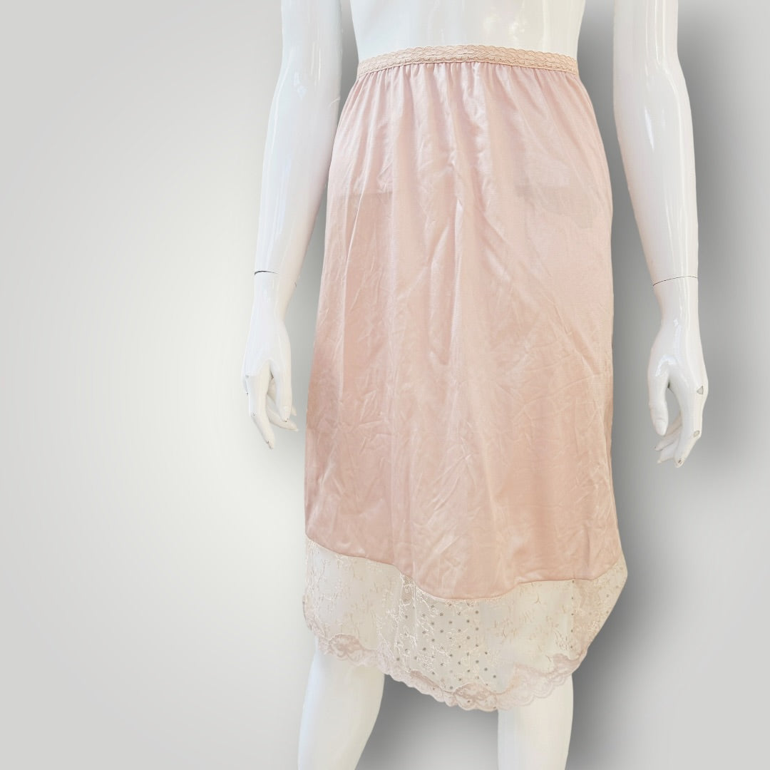 Fleur - Dusty Pink Lace Trimmed Slip Skirt - 1990s Vintage NZ Made - Size L (3927971315420317396)