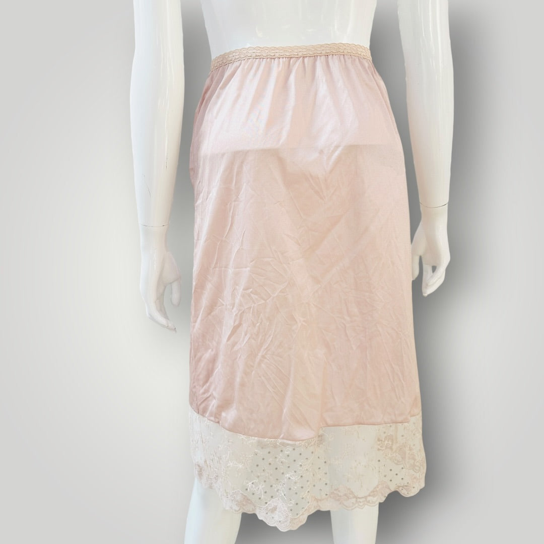Fleur - Dusty Pink Lace Trimmed Slip Skirt - 1990s Vintage NZ Made - Size L (3927971317129386826)