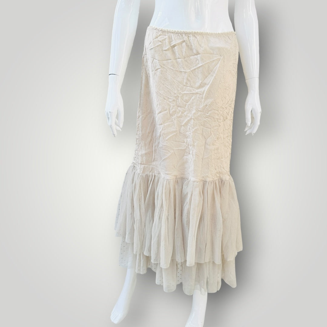 Annah S - Cream Tulle Ruffled Layered Midi Skirt - Y2k Vintage NZ Made - Size M (3927971325784005830)