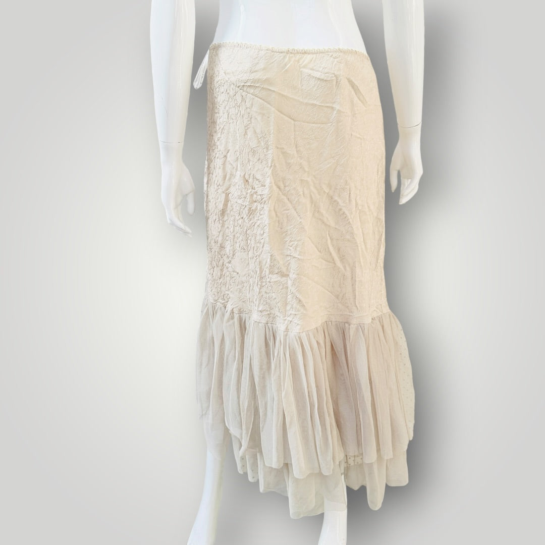 Annah S - Cream Tulle Ruffled Layered Midi Skirt - Y2k Vintage NZ Made - Size M (3927971327839394950)