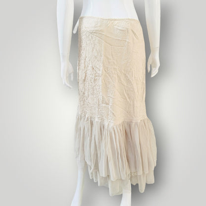 Annah S - Cream Tulle Ruffled Layered Midi Skirt - Y2k Vintage NZ Made - Size M (3927971327839394950)
