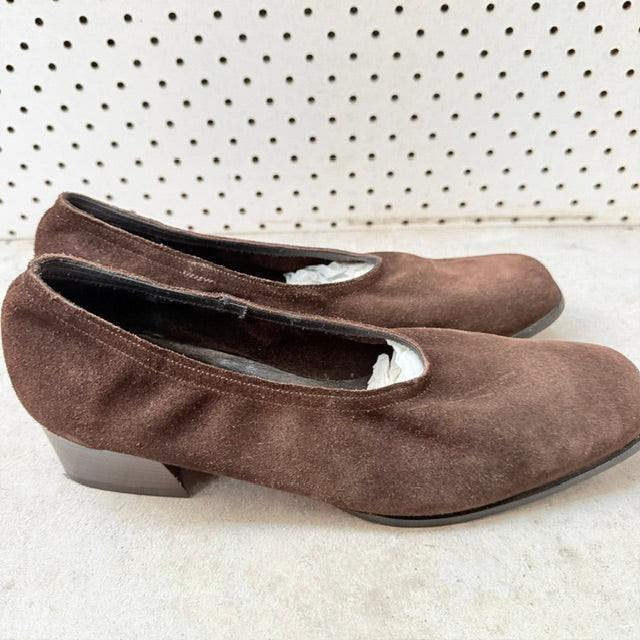 David Elman - Brown Suede Block Heels - 1990s Vintage NZ Made - Size 38 (3928058768138078757)