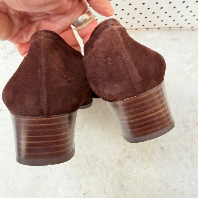 David Elman - Brown Suede Block Heels - 1990s Vintage NZ Made - Size 38 (3928058769005534833)