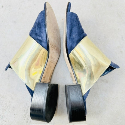 Beau Coops - Navy Suede + Gold Accent Mules - Size EU 38 (3928058799574529981)