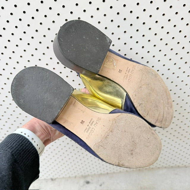 Beau Coops - Navy Suede + Gold Accent Mules - Size EU 38 (3928058801243001380)