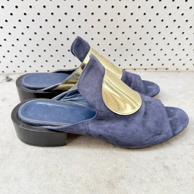 Beau Coops - Navy Suede + Gold Accent Mules - Size EU 38 (3928058808835253938)