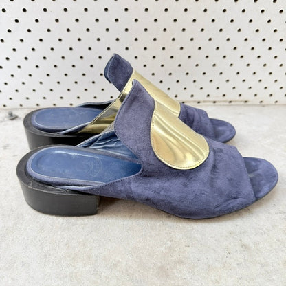 Beau Coops - Navy Suede + Gold Accent Mules - Size EU 38 (3928058808835253938)