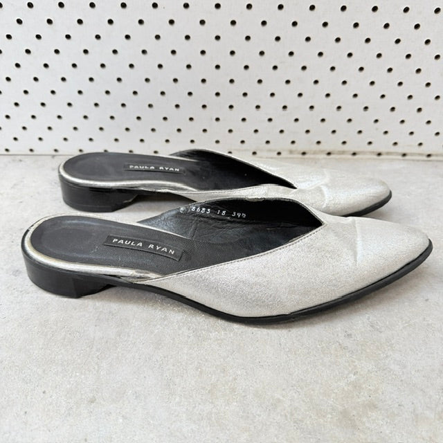 Paula Ryan - Silver Metallic Slip-On Mules - NZ Made - Size EU 39.5 (NZ 8.5) - (3928058855585026921)