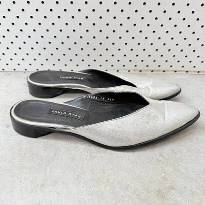 Paula Ryan - Silver Metallic Slip-On Mules - NZ Made - Size EU 39.5 (NZ 8.5) - (3928058855585026921)