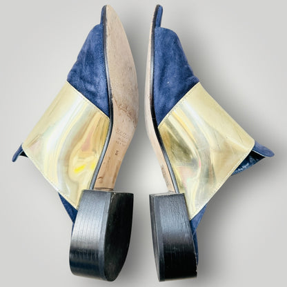 Beau Coops - Navy Suede + Gold Accent Mules - Size EU 38 (3928058940858584191)