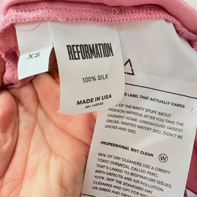 Reformation - Silk Long Sleeve Tie-Front Crop Blouse - Pink - Size XS (3928077759869075512)