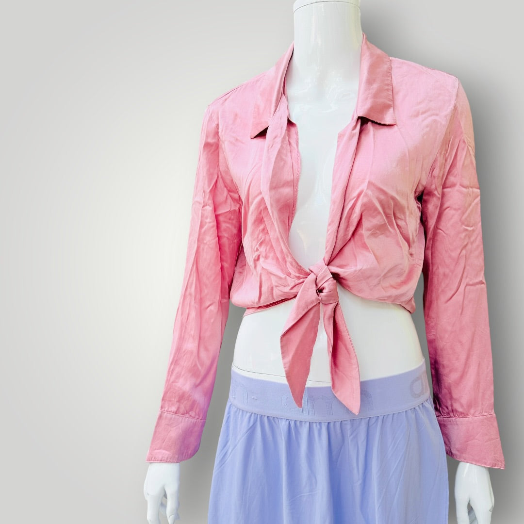 Reformation - Silk Long Sleeve Tie-Front Crop Blouse - Pink - Size XS (3928077871998507867)