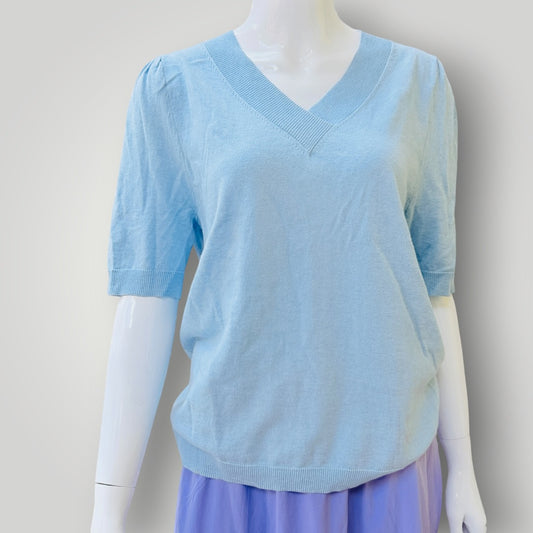 Bridge & Lord -  V-Neck Knit Top - Sky Blue Cotton Cashmere - Size S (3928077910672480076)