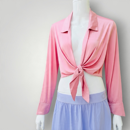 Reformation - Silk Long Sleeve Tie-Front Crop Blouse - Pink - Size XS (3928124731973378513)