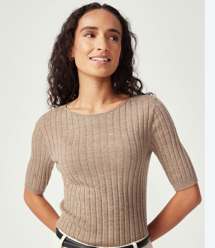 Untouched World - Sylvie Tee - Khaki Glenthorne Merino Knit Top - NZ Made - M (3928129417113832137)