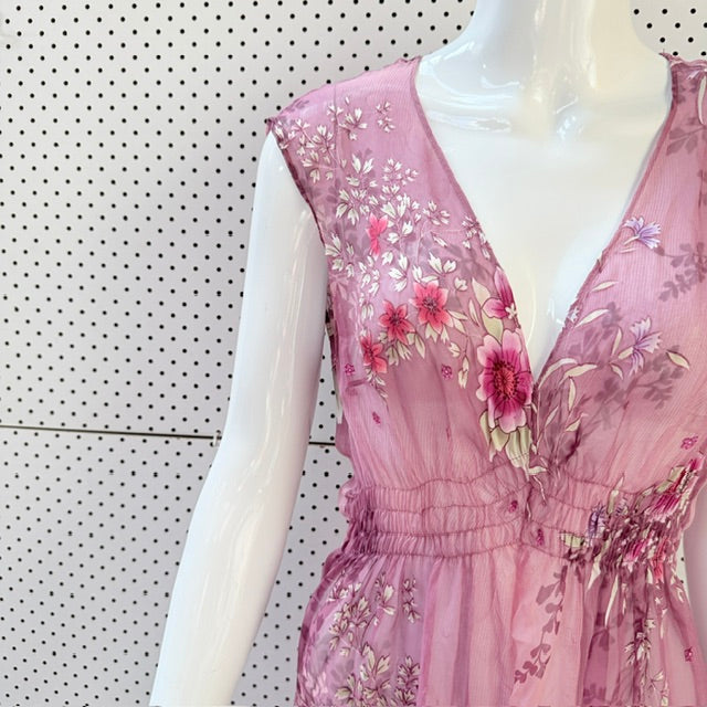 Helen Cherry - Sheer Silk Floral V-Neck Mini Dress - Pink - Size M (3928209536661775157)