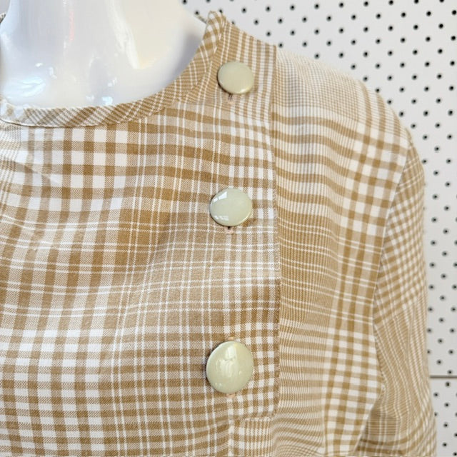 1980s vintage - Rona - Vintage Gingham Shift Dress - Beige & White - Size 12 (3928209559569231830)