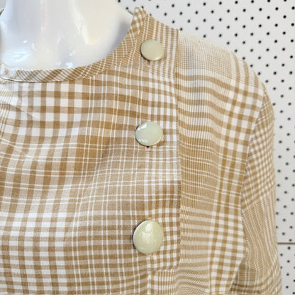 1980s vintage - Rona - Vintage Gingham Shift Dress - Beige & White - Size 12 (3928209559569231830)