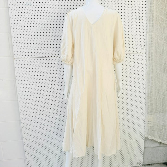 St. Agni - Sunday dress - Puff Sleeve V-Neck Midi Dress -  Oatmeal - Size S (3928209592973724386)