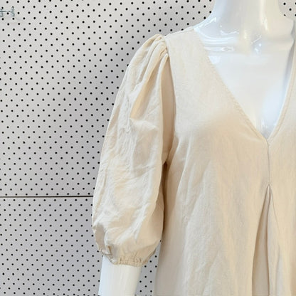 St. Agni - Sunday dress - Puff Sleeve V-Neck Midi Dress -  Oatmeal - Size S (3928209597054987711)