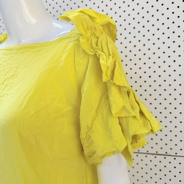 Ruffle Sleeve Silk Shift Dress - Chartreuse Yellow - Size 38 (NZ 10) (3928209611987519812)