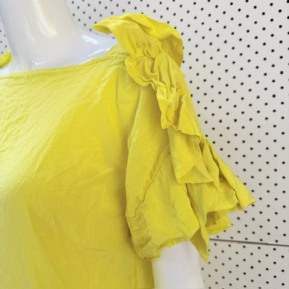 Ruffle Sleeve Silk Shift Dress - Chartreuse Yellow - Size 38 (NZ 10) (3928209611987519812)