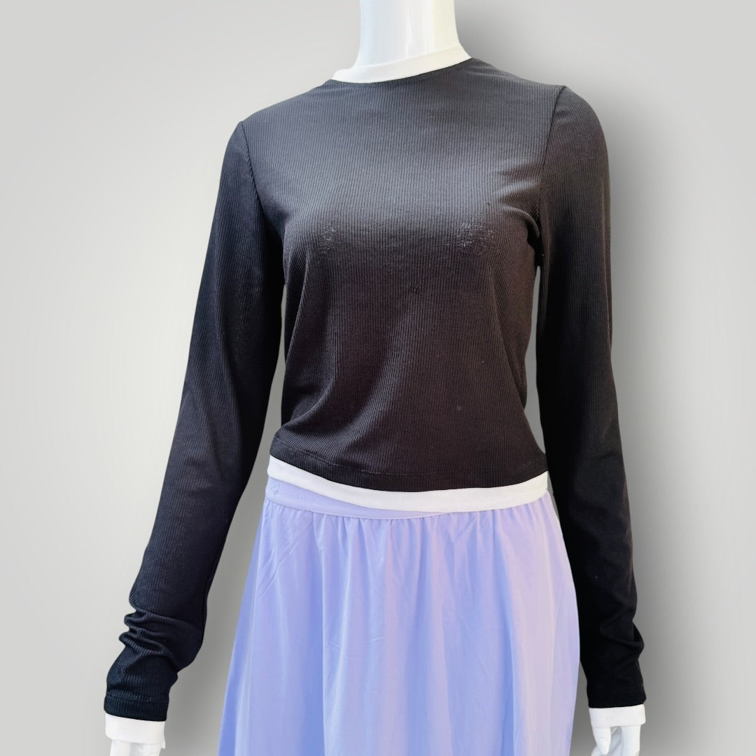 DISSH - Ribbed Layered Long Sleeve Top - Black & White - Size L (3928210896173979530)