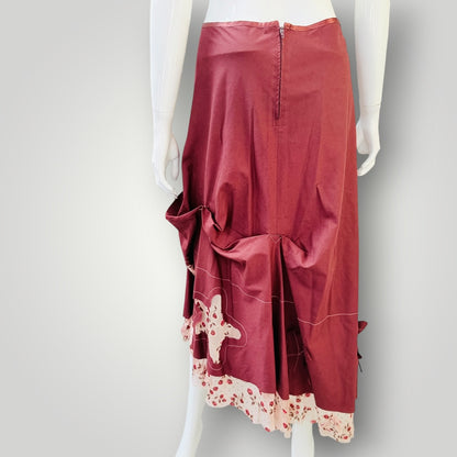 Patchwork Star Gathered Skirt - Burgundy & Floral - Size M (3928210905212133728)