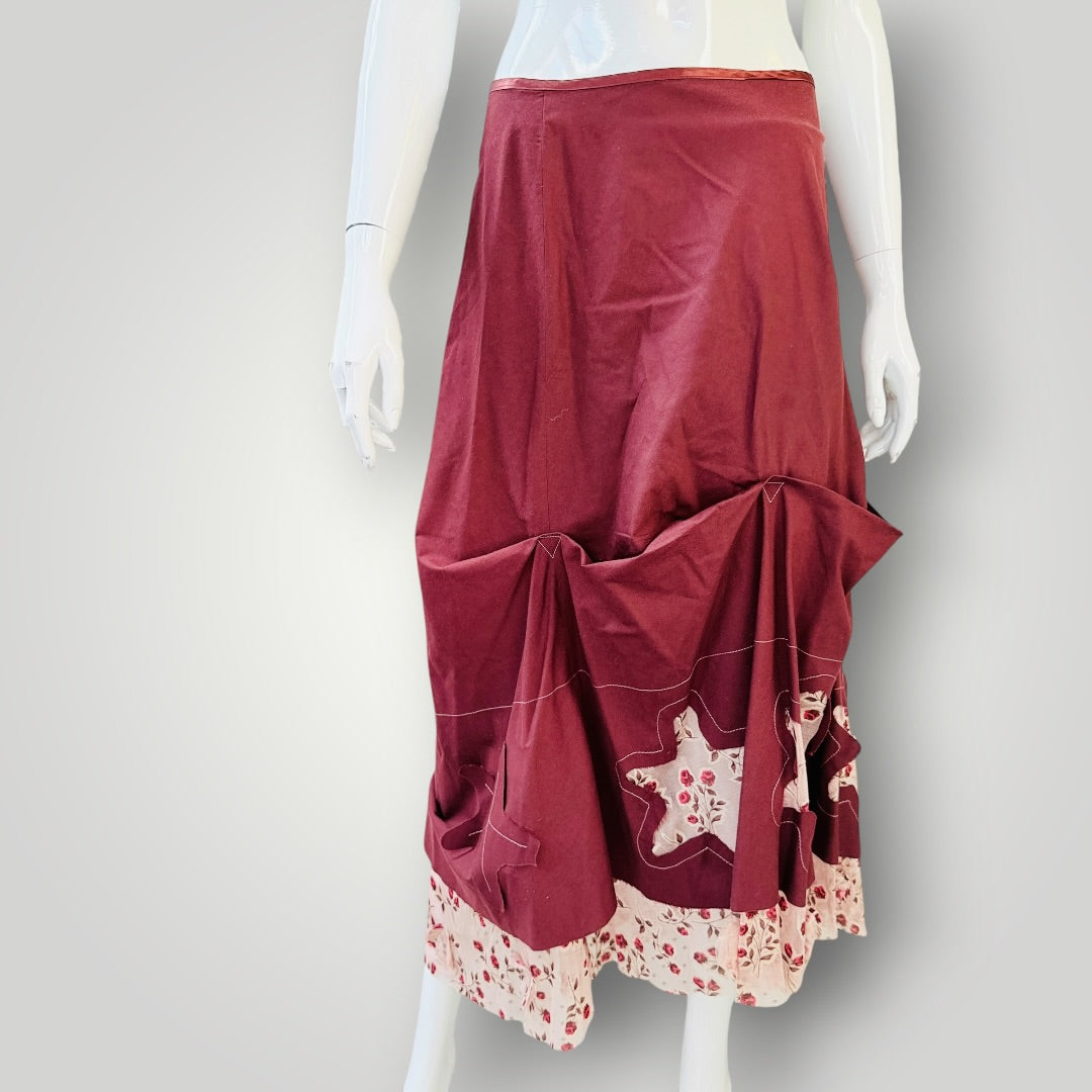 Patchwork Star Gathered Skirt - Burgundy & Floral - Size M (3928210906942069436)