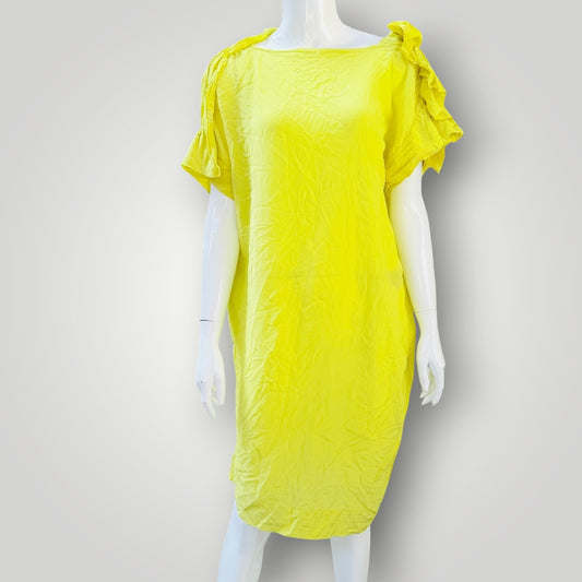 Ruffle Sleeve Silk Shift Dress - Chartreuse Yellow - Size 38 (NZ 10) (3928210916686053244)
