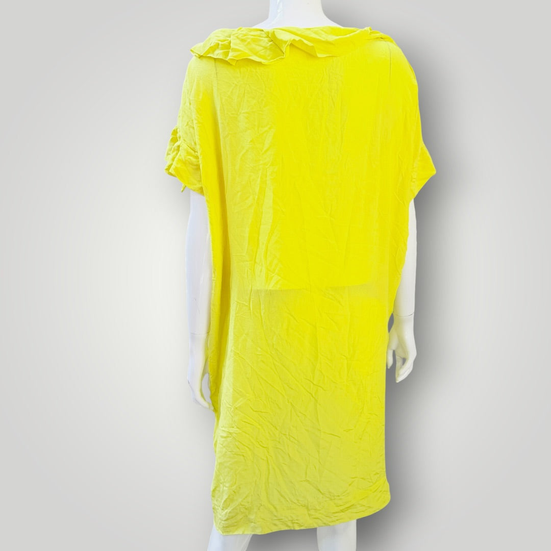 Ruffle Sleeve Silk Shift Dress - Chartreuse Yellow - Size 38 (NZ 10) (3928210918903424097)