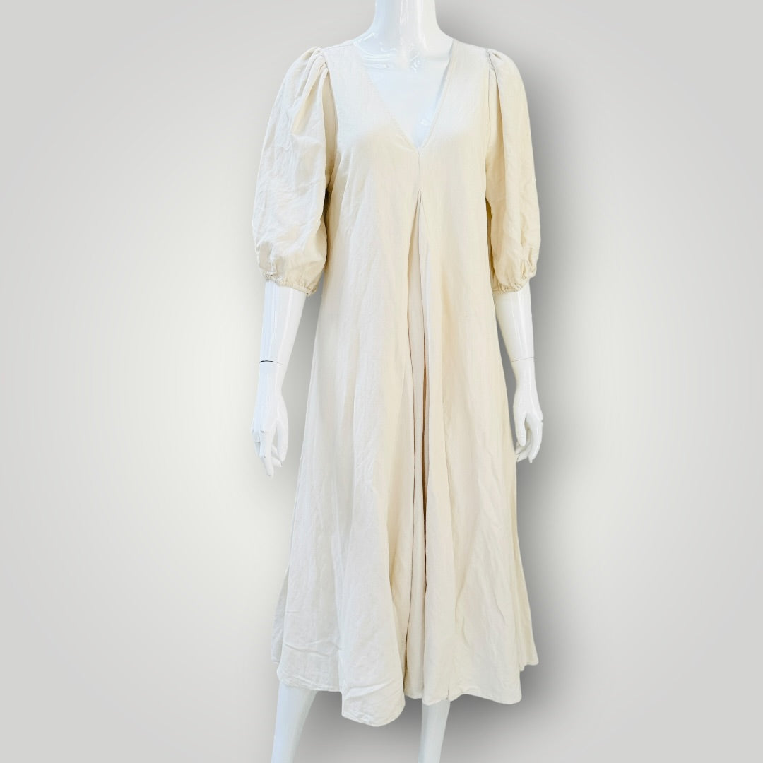 St. Agni - Sunday dress - Puff Sleeve V-Neck Midi Dress -  Oatmeal - Size S (3928210920323952351)
