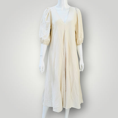 St. Agni - Sunday dress - Puff Sleeve V-Neck Midi Dress -  Oatmeal - Size S (3928210920323952351)