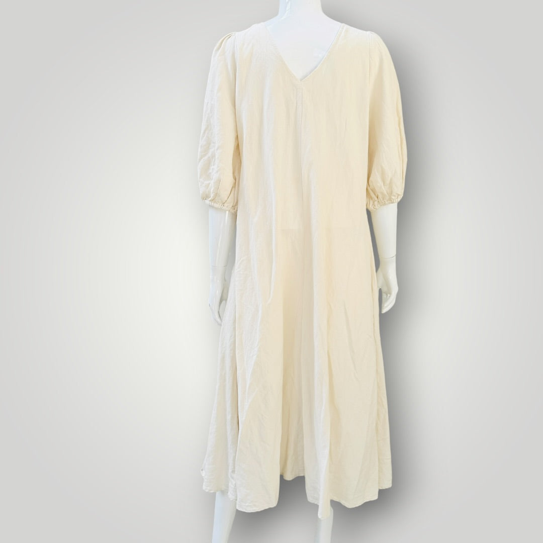 St. Agni - Sunday dress - Puff Sleeve V-Neck Midi Dress -  Oatmeal - Size S (3928210921694281037)