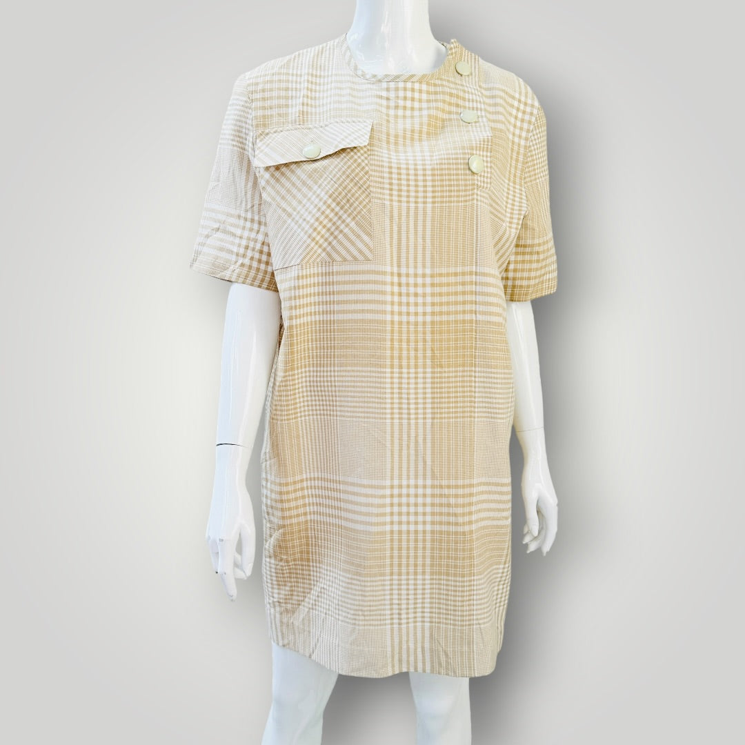 1980s vintage - Rona - Vintage Gingham Shift Dress - Beige & White - Size 12 (3928210928761180501)