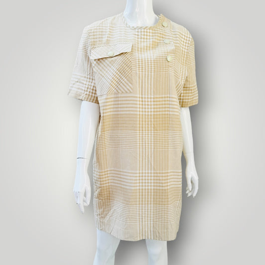 1980s vintage - Rona - Vintage Gingham Shift Dress - Beige & White - Size 12 (3928210928761180501)