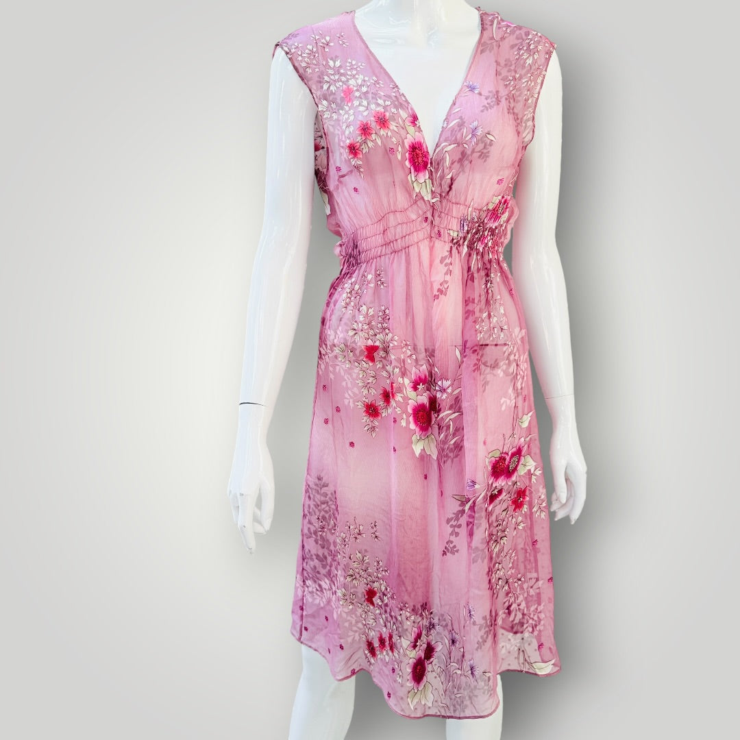 Helen Cherry - Sheer Silk Floral V-Neck Mini Dress - Pink - Size M (3928210936238987143)