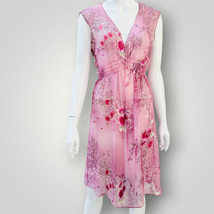 Helen Cherry - Sheer Silk Floral V-Neck Mini Dress - Pink - Size M (3928210936238987143)