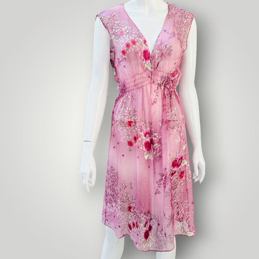 Helen Cherry - Sheer Silk Floral V-Neck Mini Dress - Pink - Size M (3928210936238987143)