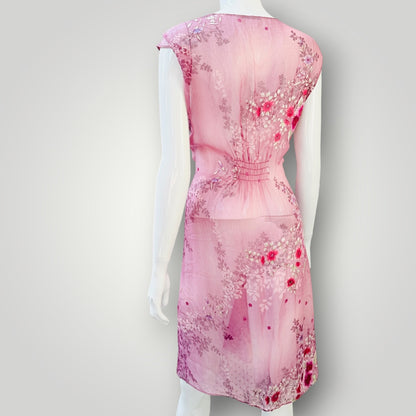 Helen Cherry - Sheer Silk Floral V-Neck Mini Dress - Pink - Size M (3928210938379698556)