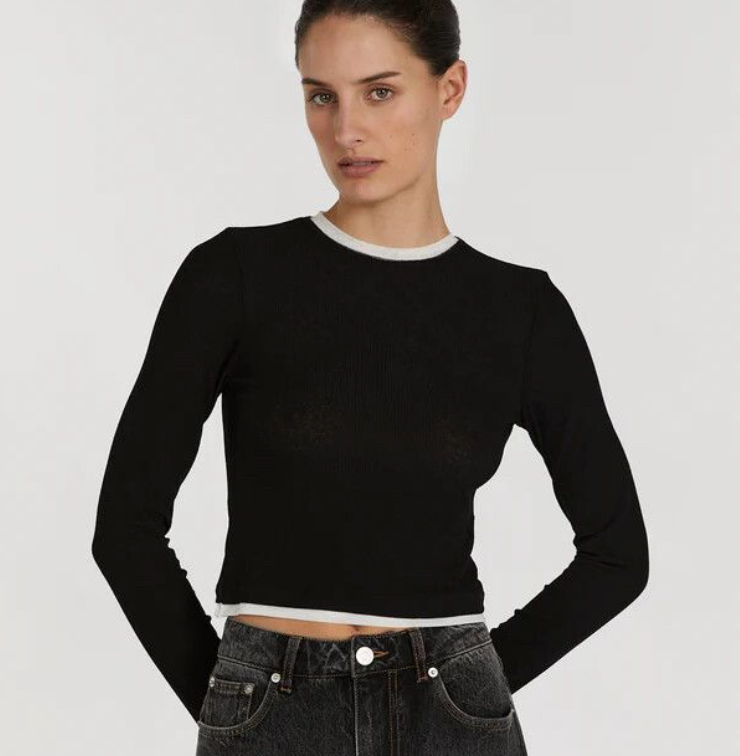DISSH - Ribbed Layered Long Sleeve Top - Black & White - Size L (3928226252323797948)