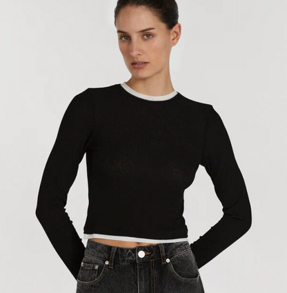 DISSH - Ribbed Layered Long Sleeve Top - Black & White - Size L (3928226252323797948)